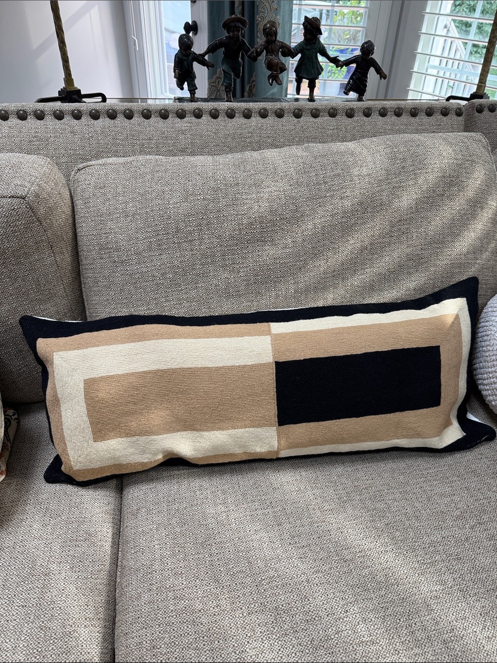 Geometric Handmade Needlepoint 💯 Wool Lumbar Throw Pillow in Black, Tan & Cream
